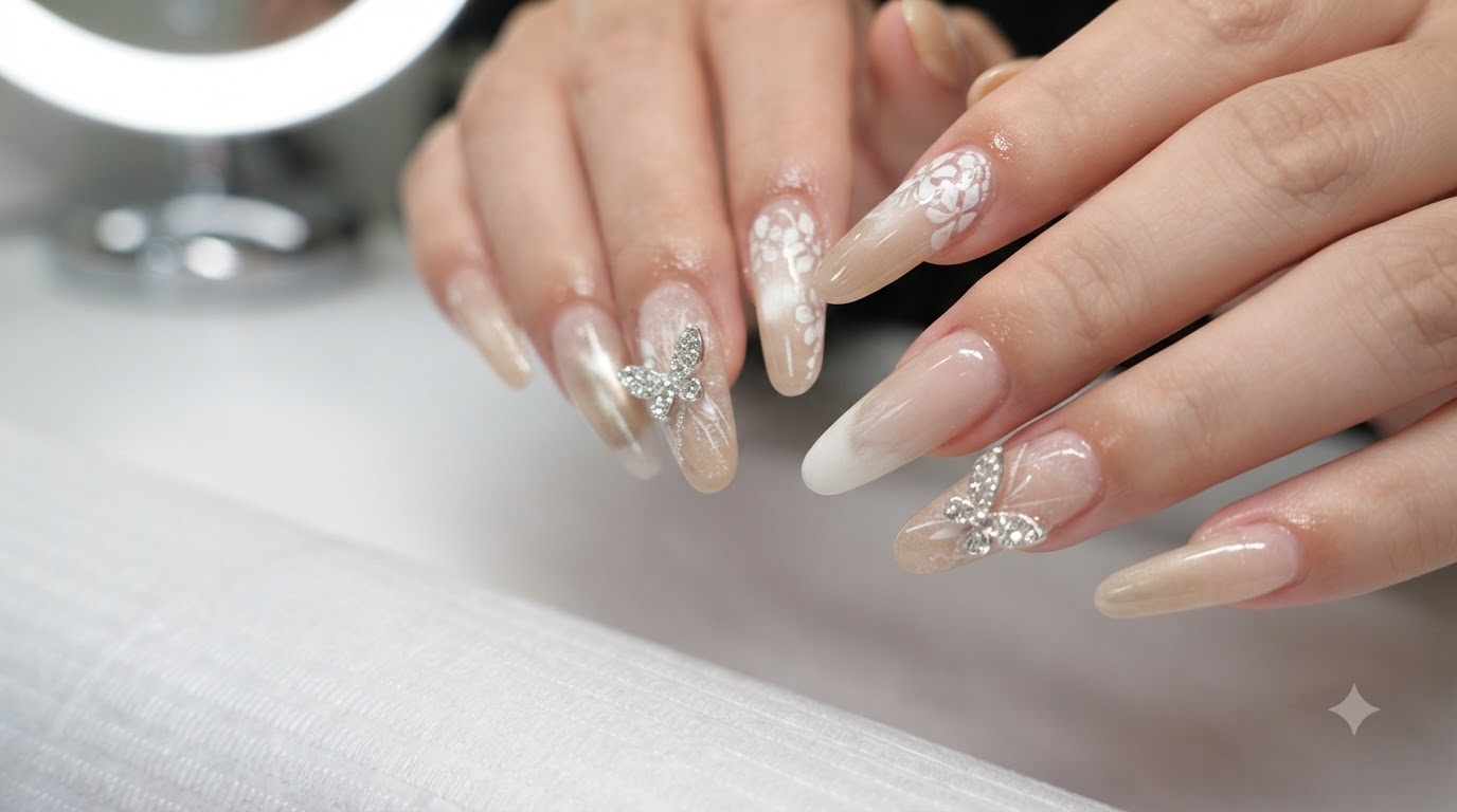 Uñas Ombre Nude de Ensueño con Encaje Floral y Mariposas de Plata — Tutorial Paso a Paso