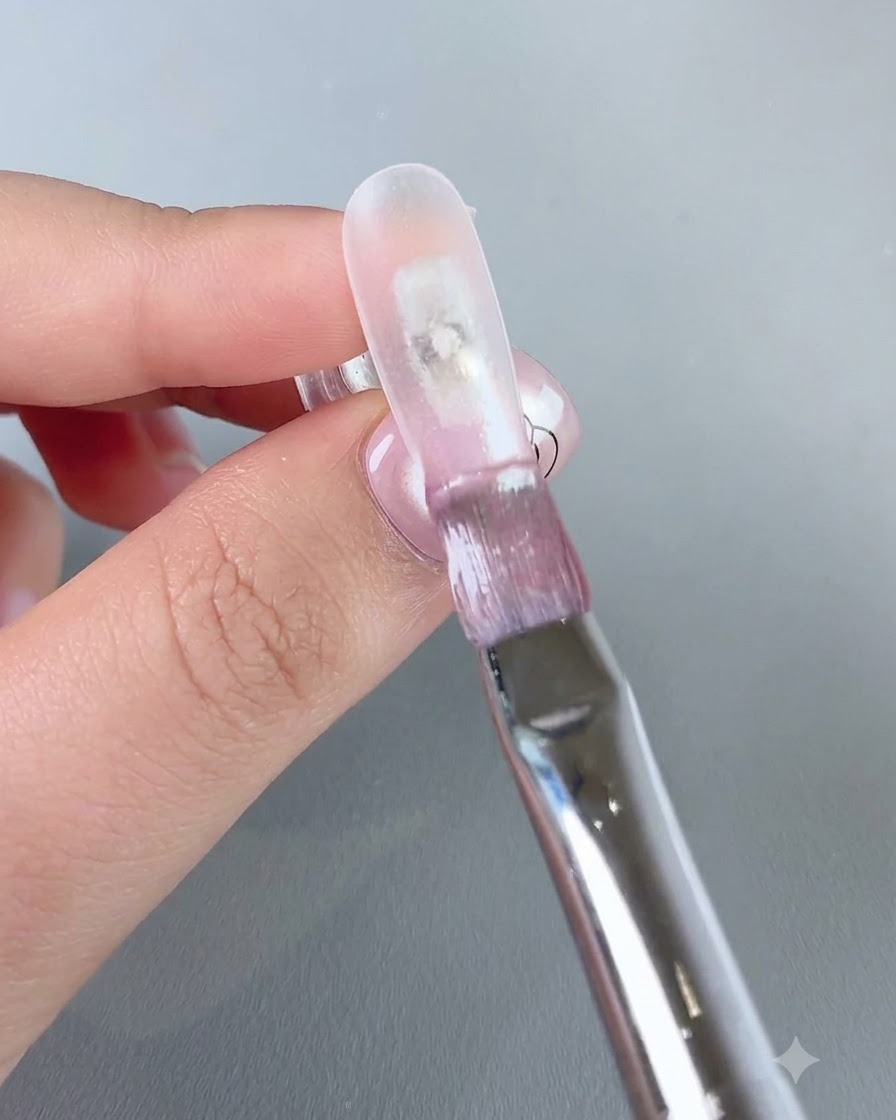 Un pincel aplicando gel de agua transparente No. 3 en el borde frontal de una uña.