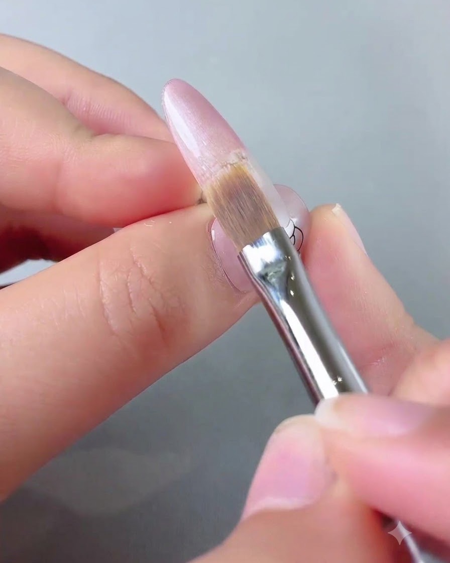 Un pincel arrastrando el color de gel hacia abajo para formar un degradado suave.