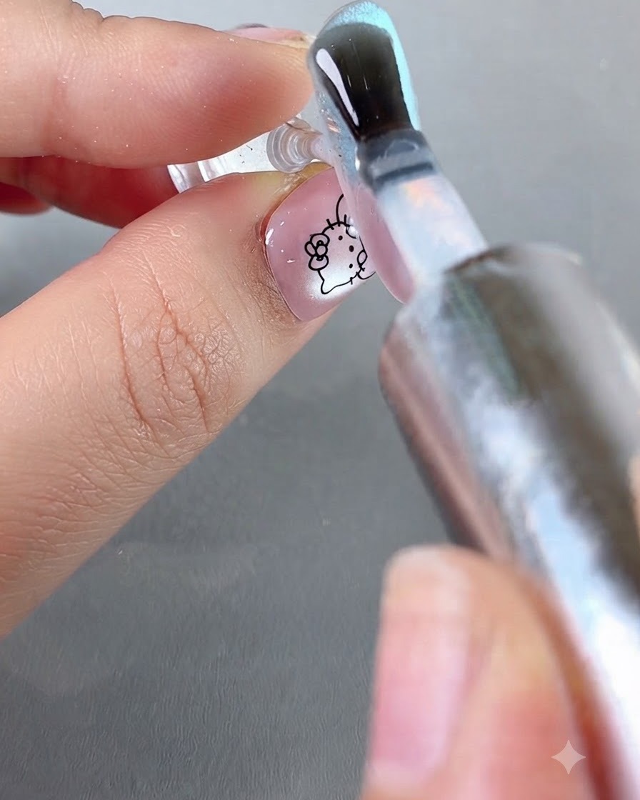Un pincel aplicando un top coat final grueso y brillante sobre un diseño de uña terminado.