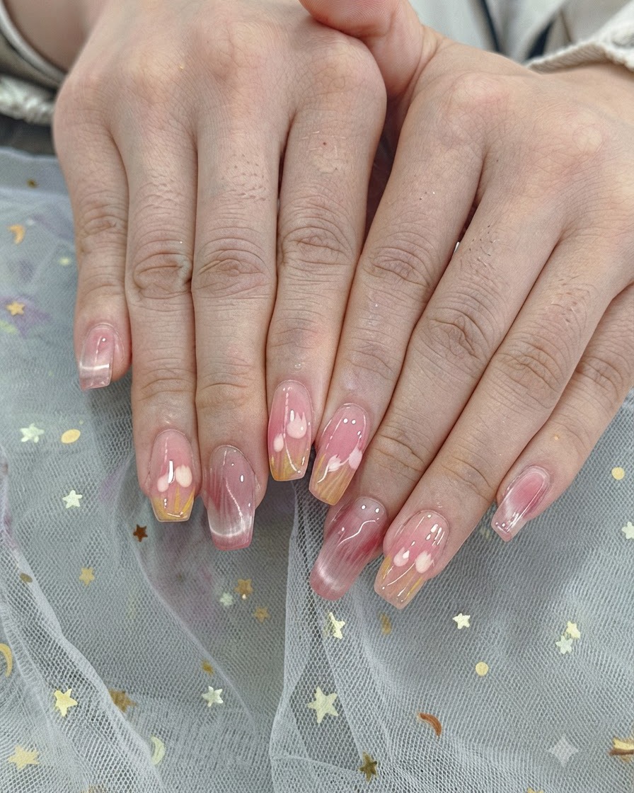 Primer plano de una mano aplicando esmalte de gel amarillo suave en las puntas de uñas con forma natural.