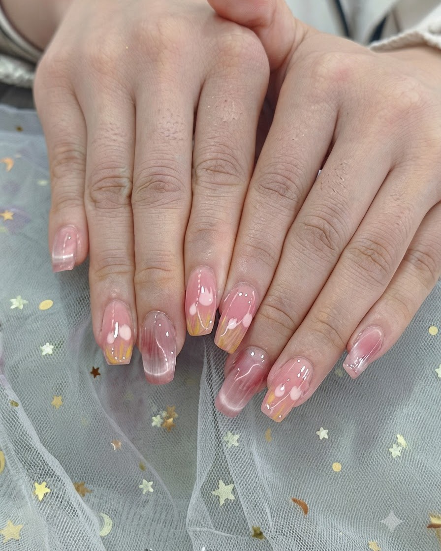 Las manos de una clienta curando bajo un brillo rosa dentro de una lámpara UV y LED para uñas.