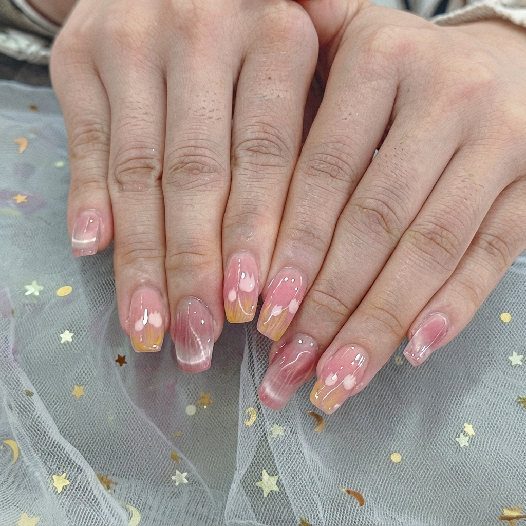 Una manicurista usando un pincel fino para pintar diminutos corazones blancos sobre las puntas de uñas degradadas.