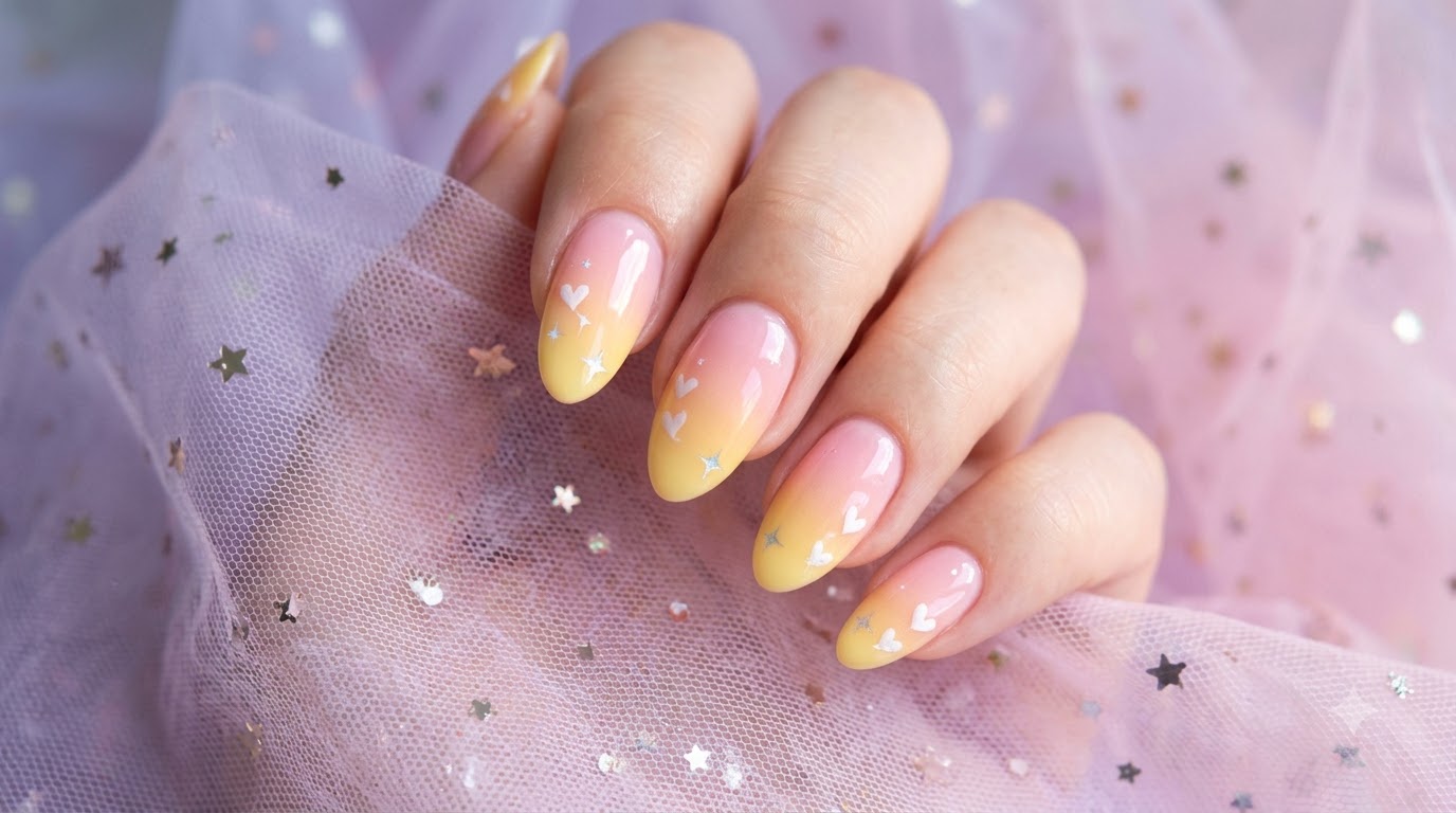 Uñas Degradadas de Atardecer en Rosa y Amarillo con Detalles de Corazones Dulces