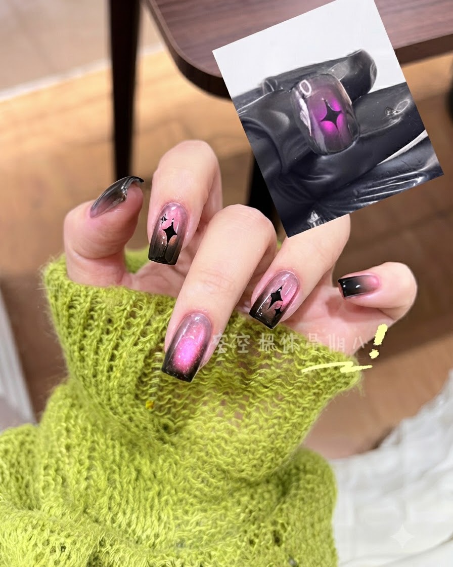 Un pincel aplicando gel cat eye rosa vibrante sobre la uña previamente preparada.
