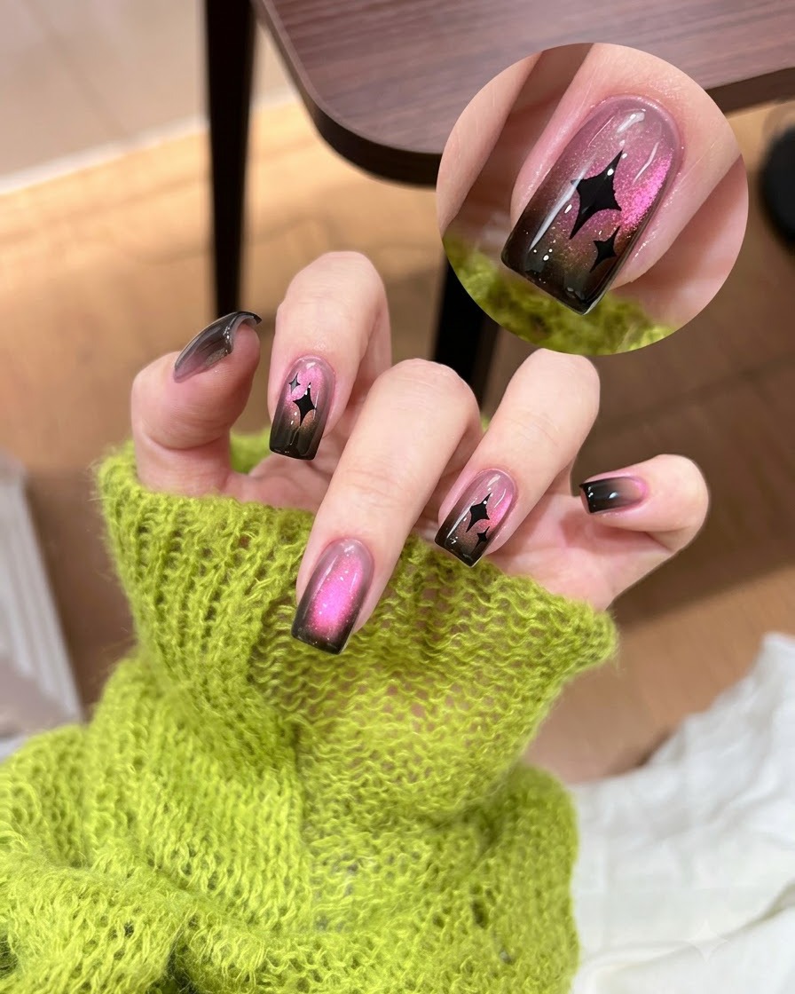 Unas pinzas de precisión colocando un adhesivo de estrella negra sobre una uña cat eye terminada.