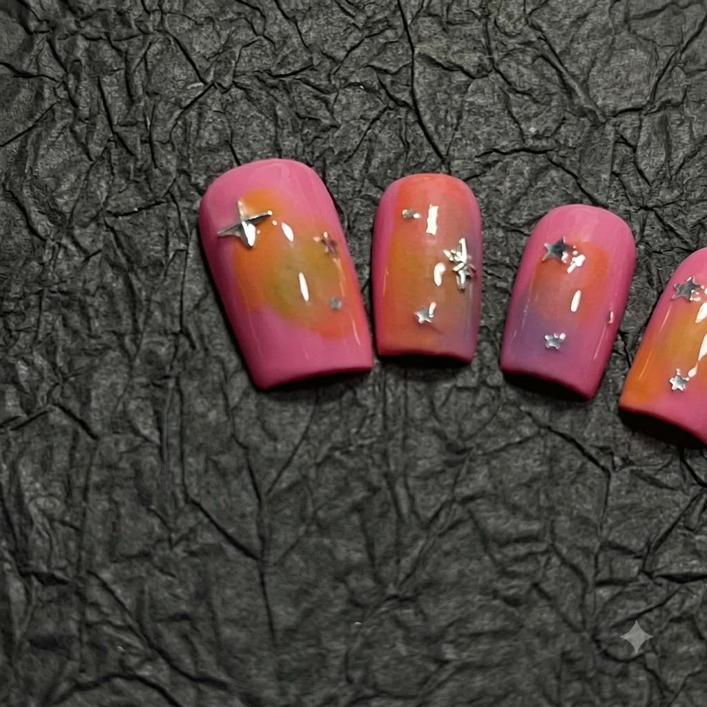 Una vista de cerca de una uña con degradado rosa y naranja decorada con purpurina de estrella plateada dispersa.