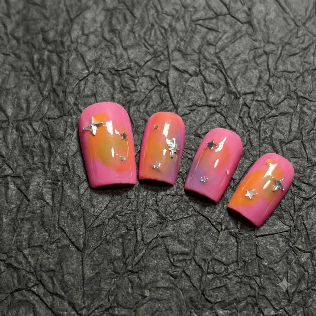 Un plano medio que panea a través de la exhibición de uñas para mostrar el degradado mezclado de naranja y morado en la tercera uña.