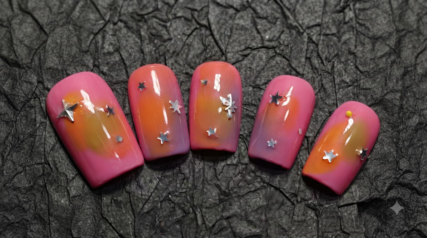 Uñas postizas con degradado de atardecer rosado y detalles de estrellas