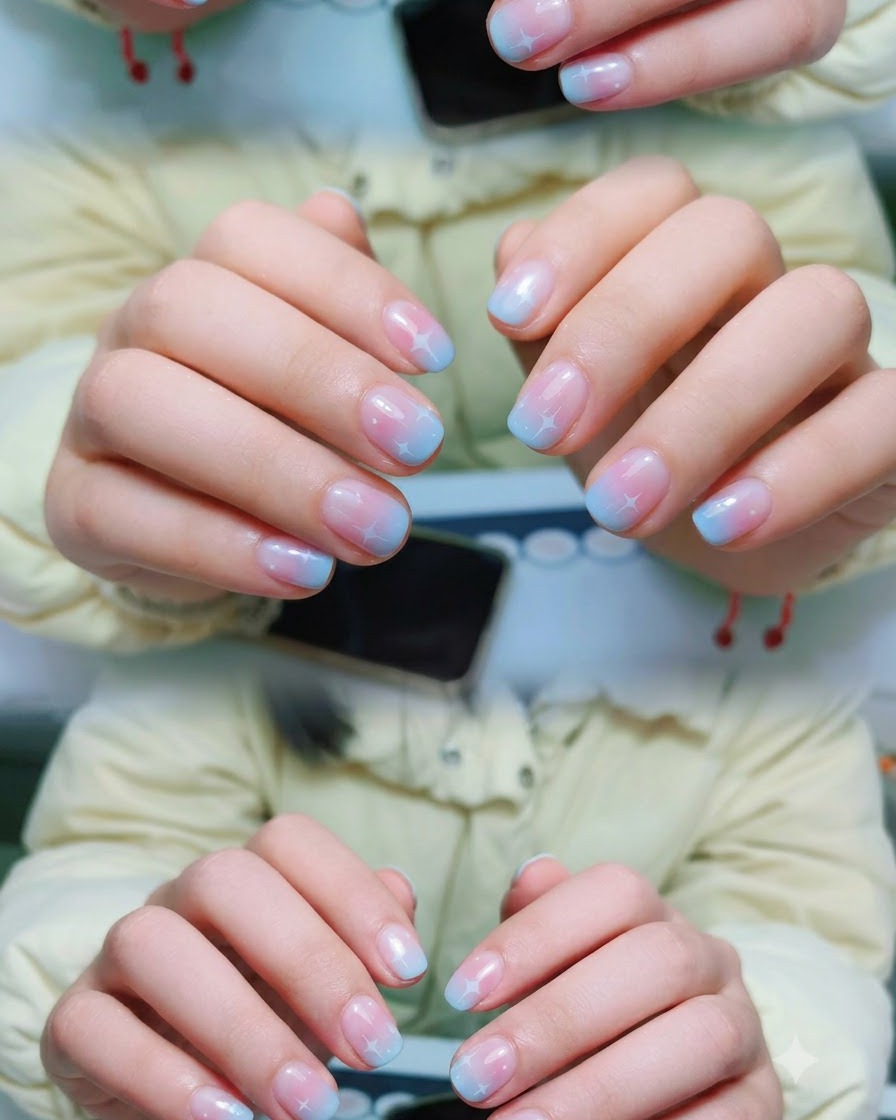 Manos colocadas dentro de una lámpara de curado UV y LED brillante durante una manicura profesional.