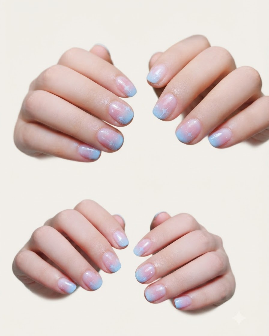 Un pincel de uñas aplicando un color de gel rosa pastel suave en la mitad inferior de una uña.