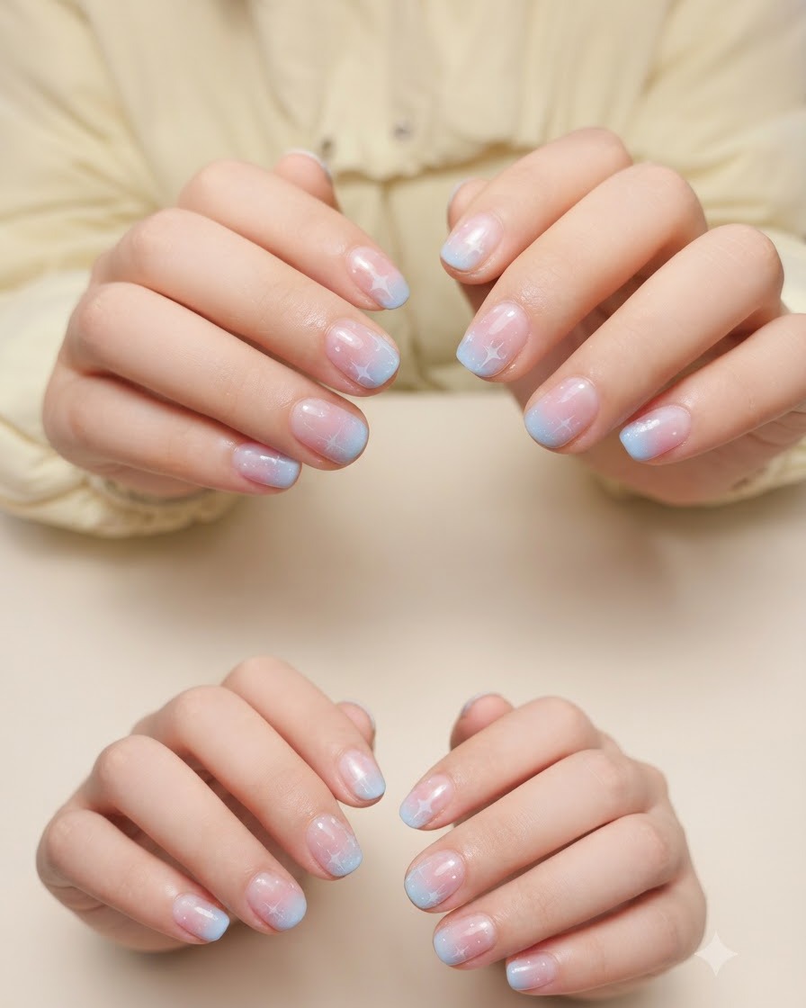 Uñas con un degradado en rosa y azul curándose dentro de una lámpara profesional UV y LED.