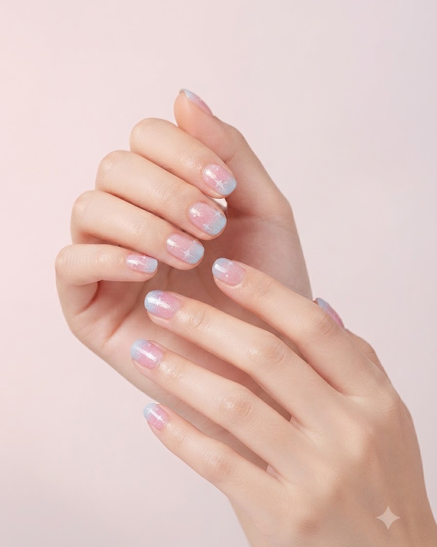 Una toma de cerca de unas manos con uñas decoradas con degradado y estrellas que descansan frente a un fondo neutro.