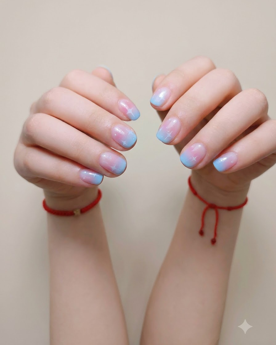 Un primer plano de una manicura completada de degradado y estrellas con un acabado de alto brillo.