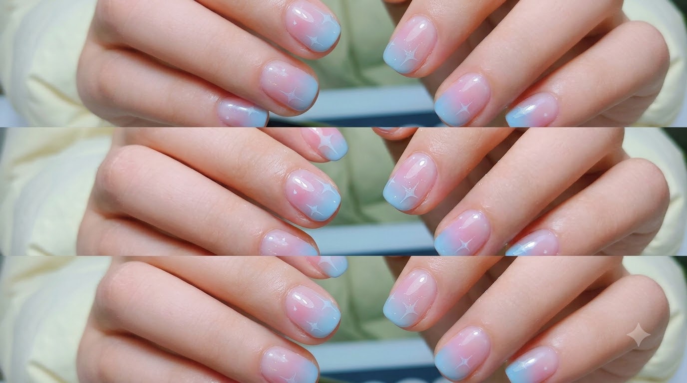 Uñas degradadas ombré en rosa y azul con detalles de estrellas