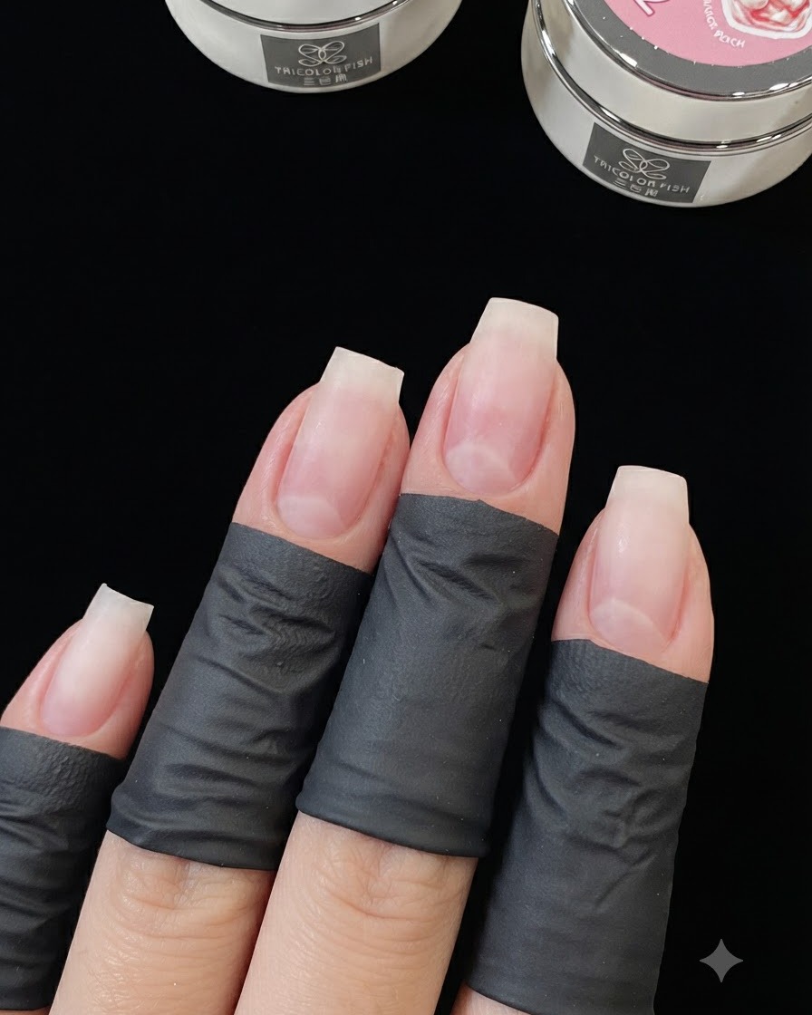 Primer plano de cuatro dedos con protectores negros, mostrando uñas naturales preparadas con gel de construcción aplicado en los bordes libres.