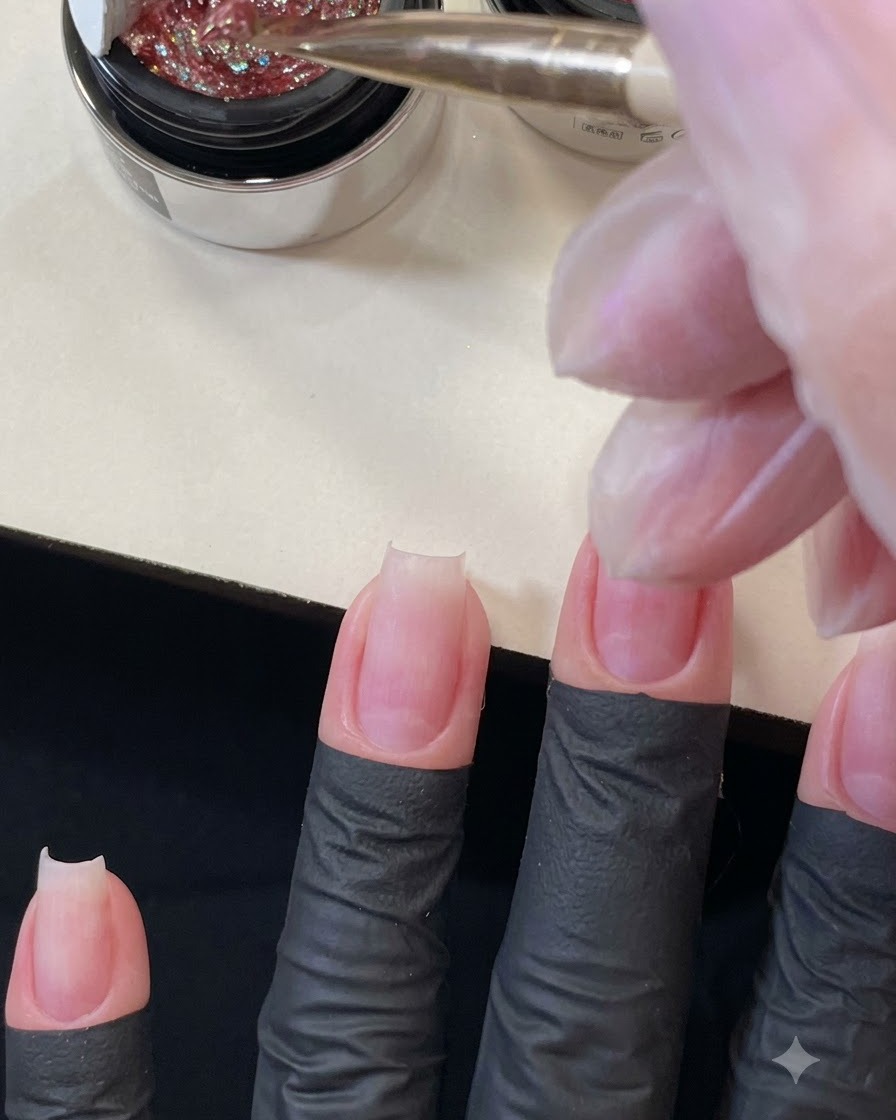 Un pincel de gel plano cargado con purpurina rosa gruesa flotando justo encima del centro de una uña del dedo medio preparada.
