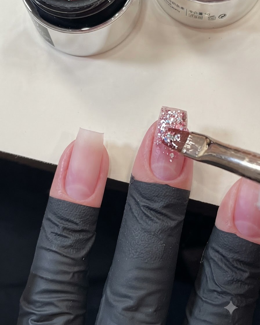 Pincel de gel colocando con precisión lentejuelas gruesas adicionales en la uña del dedo medio para mejorar el degradado de purpurina.