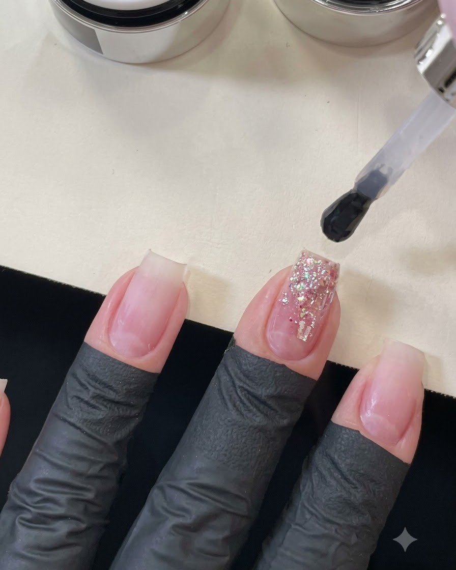 Un pincel dejando caer una gota gruesa de gel de construcción transparente sobre una uña cubierta de lentejuelas para encapsular el diseño.
