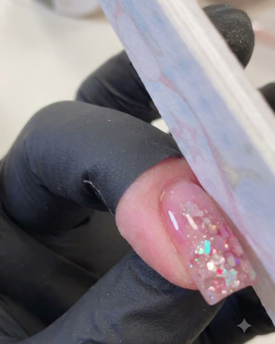 Una mano con guantes usando una lima de uñas fina o un pulidor para alisar una uña de gel transparente con lentejuelas rosas encapsuladas.