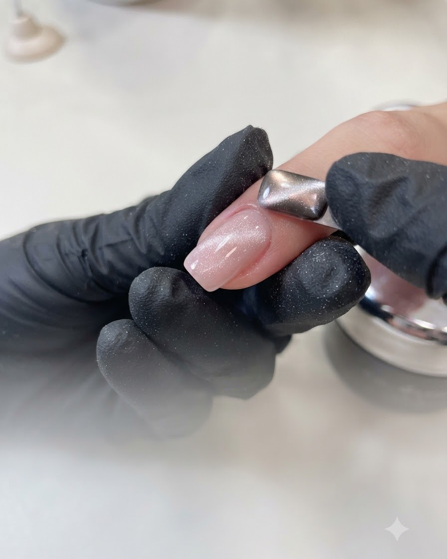 Una mano con guantes sosteniendo un imán rectangular plateado sobre una uña pintada con gel ojo de gato nude brillante.