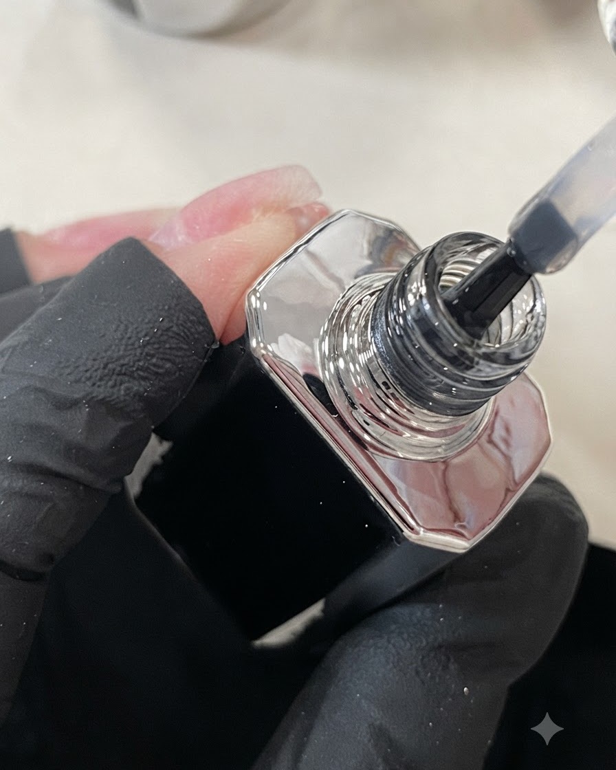 Un pincel aplicando una capa superior transparente y brillante sobre la uña del dedo medio.