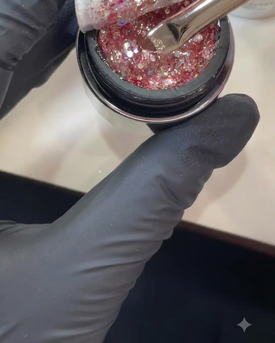 Una mano con guantes sosteniendo un pincel que se sumerge en un tarro lleno de lentejuelas brillantes rosas y duocromas.