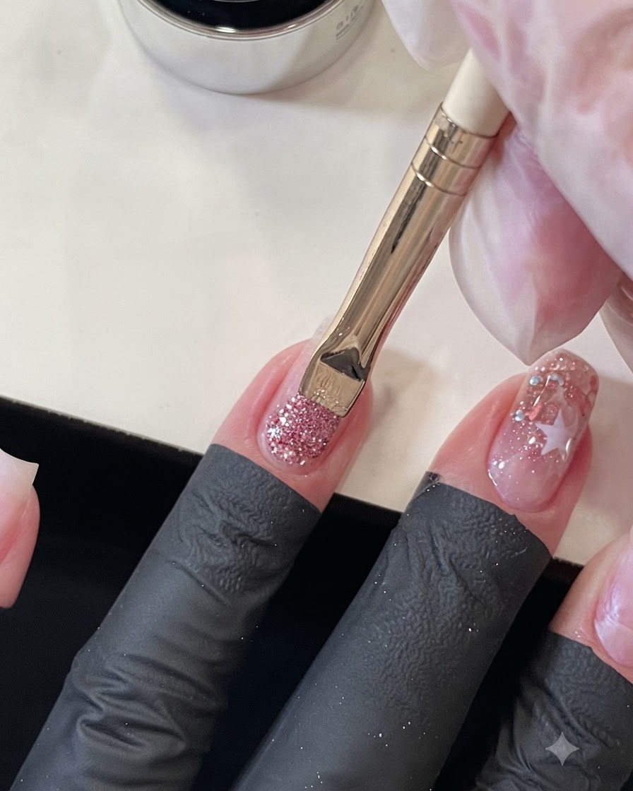 Un pincel de uñas tirando de las lentejuelas rosas desde el área de la cutícula en la uña del dedo anular.