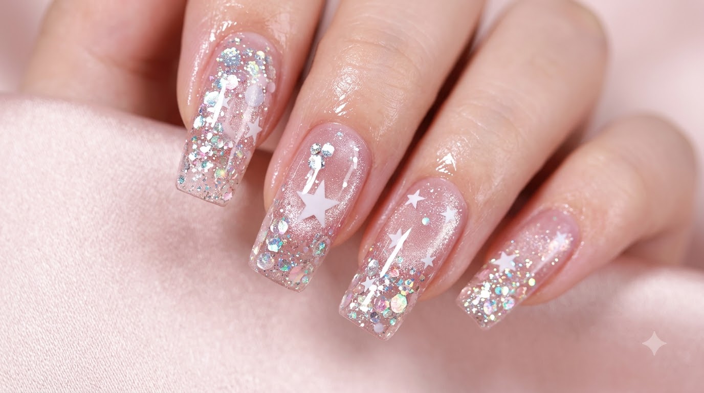 Diseño de Uñas Acrílicas con Efecto Ojo de Gato, Estrellas y Lentejuelas Brillantes — Tutorial Paso a Paso