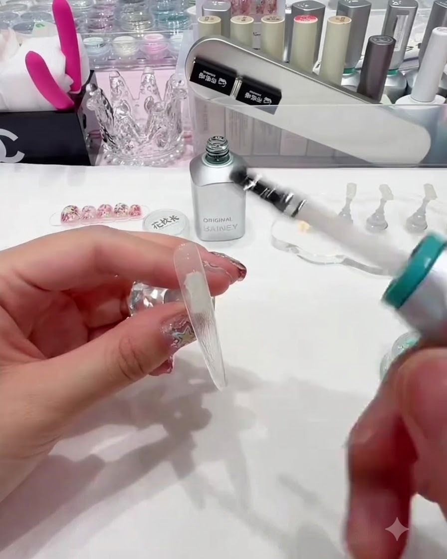 Un pincel aplicando gel base transparente de manera uniforme sobre una punta de uña larga y transparente.