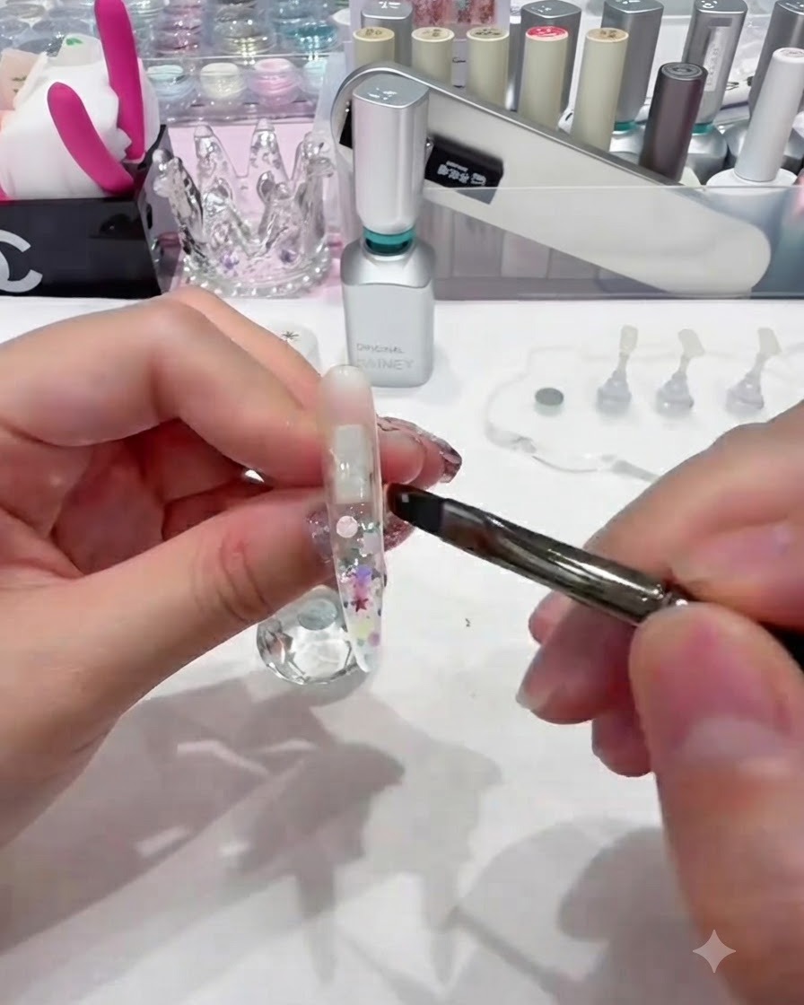 Usando el borde de un pincel de uñas fino para arrastrar y distribuir lentejuelas de colores de manera uniforme a lo largo de la punta de la uña.