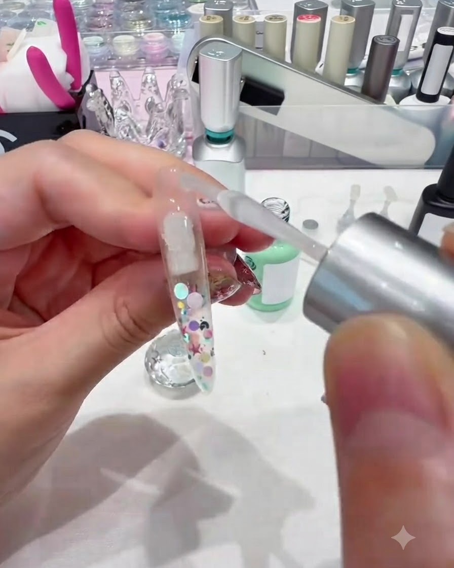 Un par de pinzas sosteniendo una esponja de maquillaje aplicando gel rosa en una uña mediante toques.
