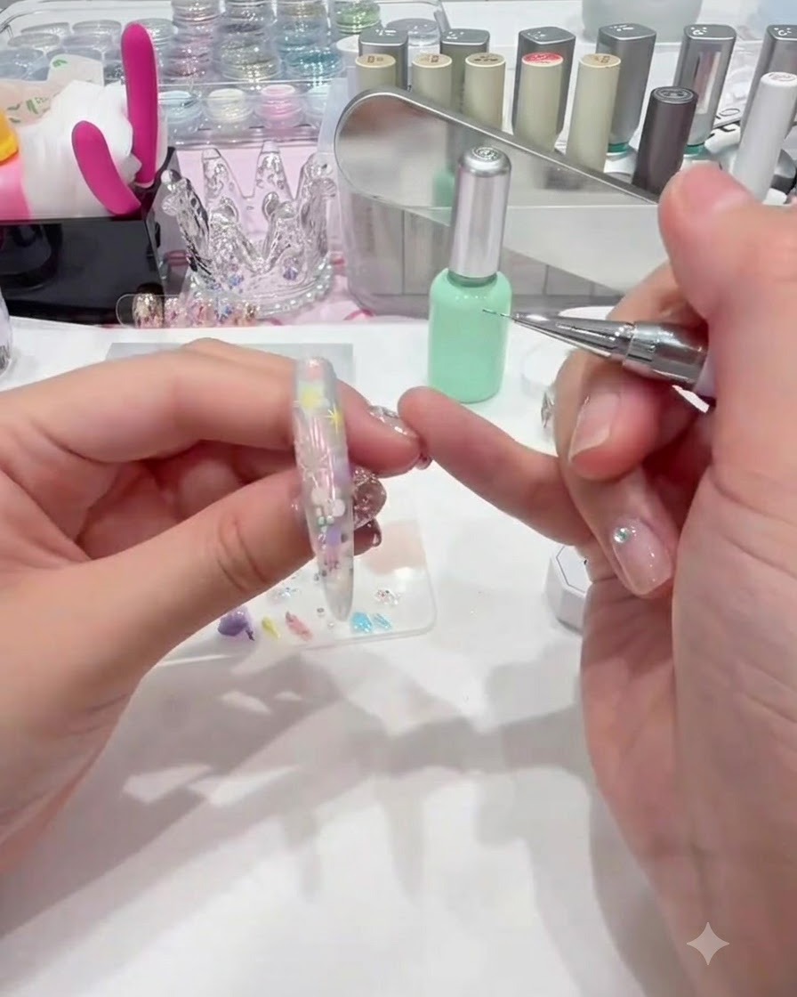 Una herramienta de punteado añadiendo pequeños puntos de acento entre los elementos de arte de uñas.