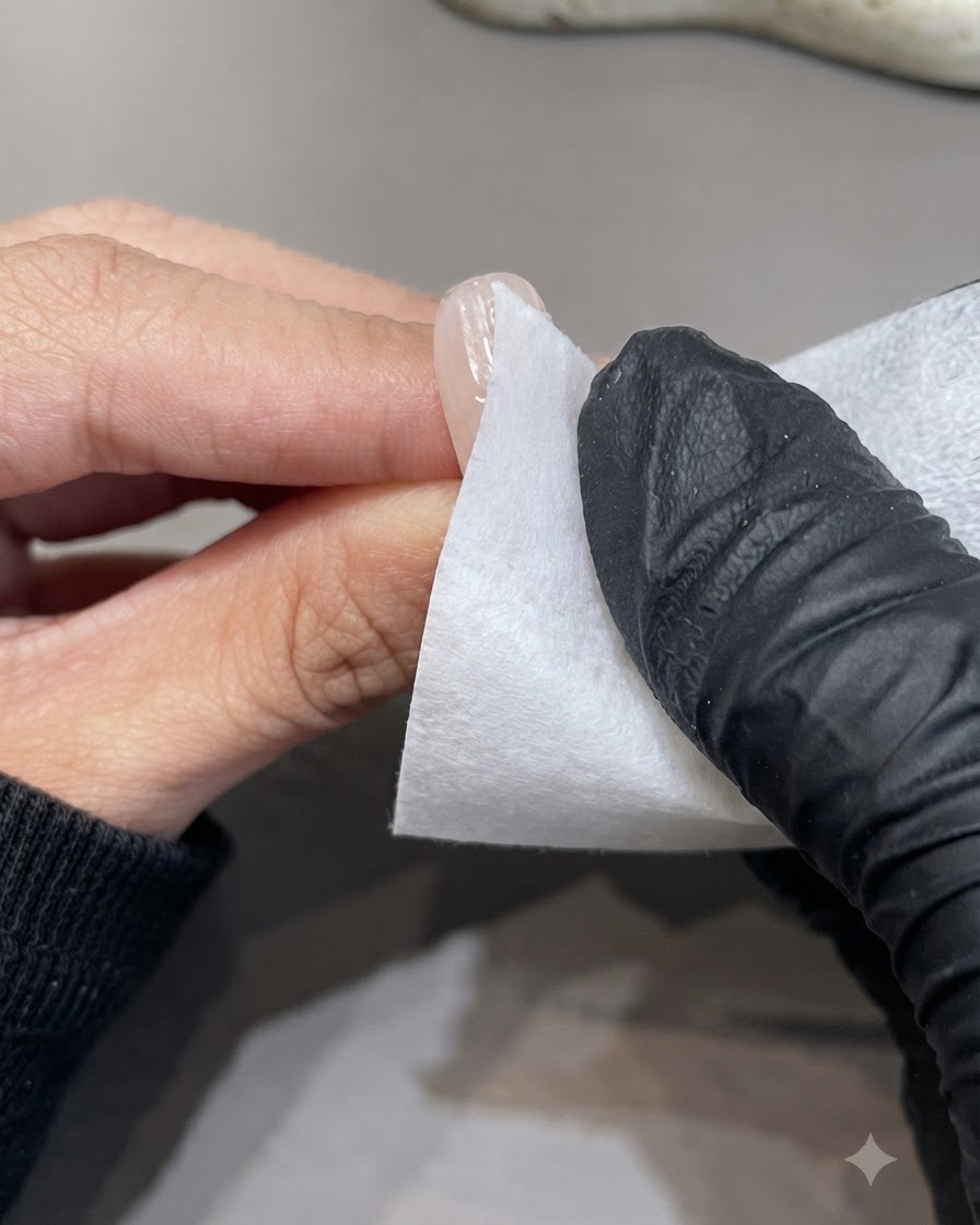 Una mano con guantes usando una toallita sin pelusa para limpiar la superficie de una uña.