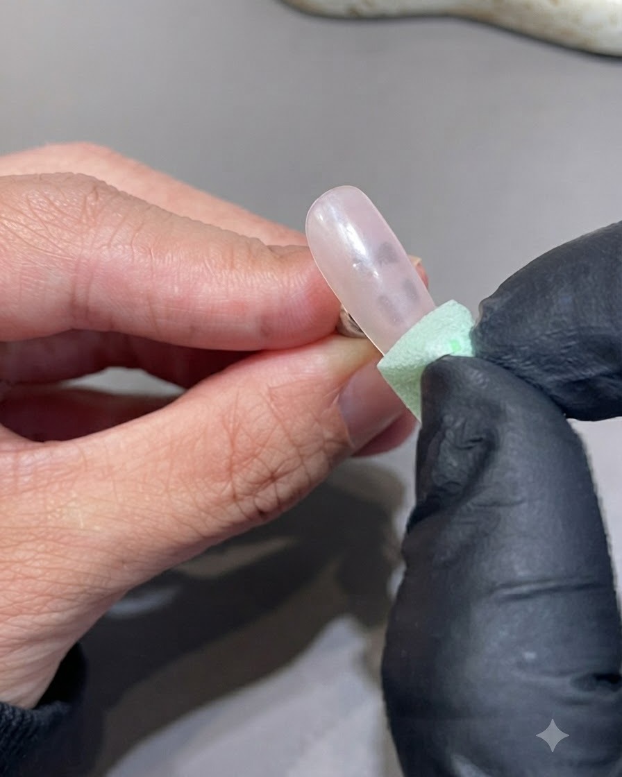 Una esponja verde texturizada aplicando pigmento a toquecitos en la punta de la uña.