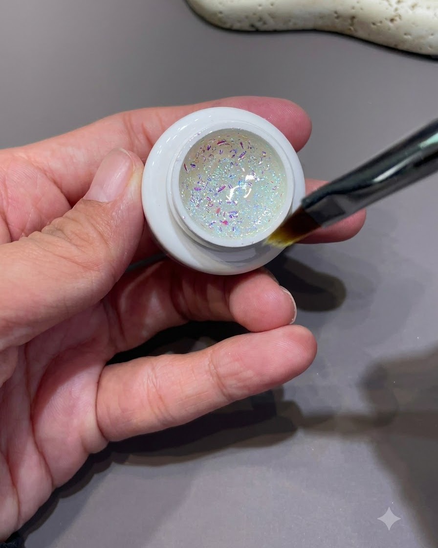 Un pincel pequeño tomando copos de lentejuelas iridiscentes y purpurina holográfica de un tarro.