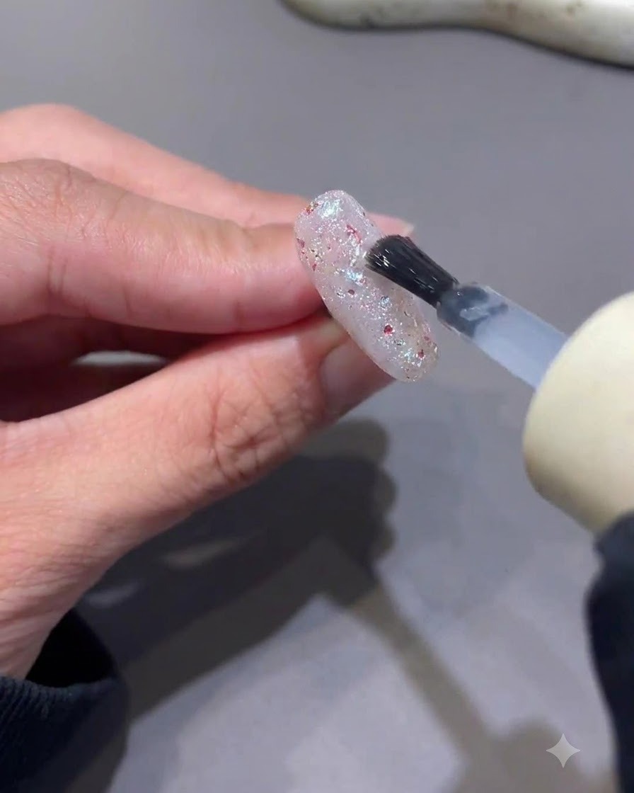 Un pincel pequeño aplicando gel transparente de refuerzo sobre una uña decorada con purpurina y lentejuelas.