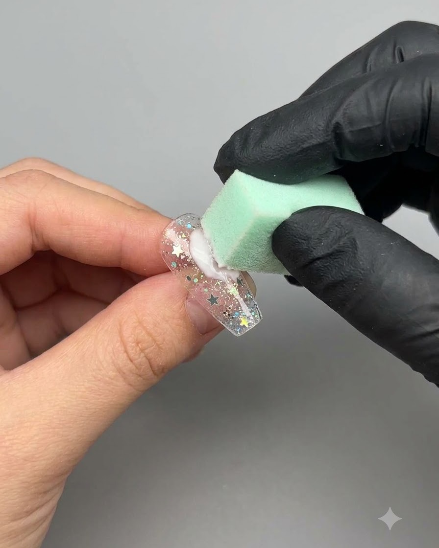 Una esponja verde aplicando gel blanco a toquecitos sobre una uña decorada con una pegatina de estrella.