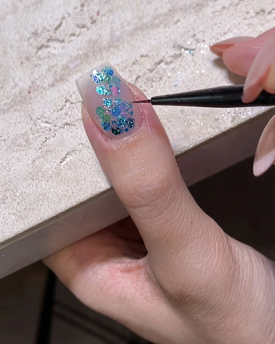 Un pincel fino colocando piezas de purpurina holográfica azul sobre una uña cubierta de gel.