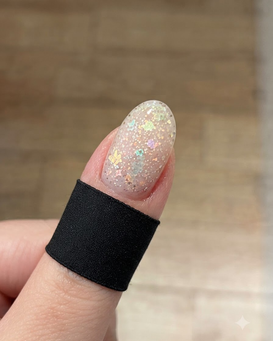 Una toallita con alcohol limpiando la superficie brillante de una uña curada para eliminar los residuos.