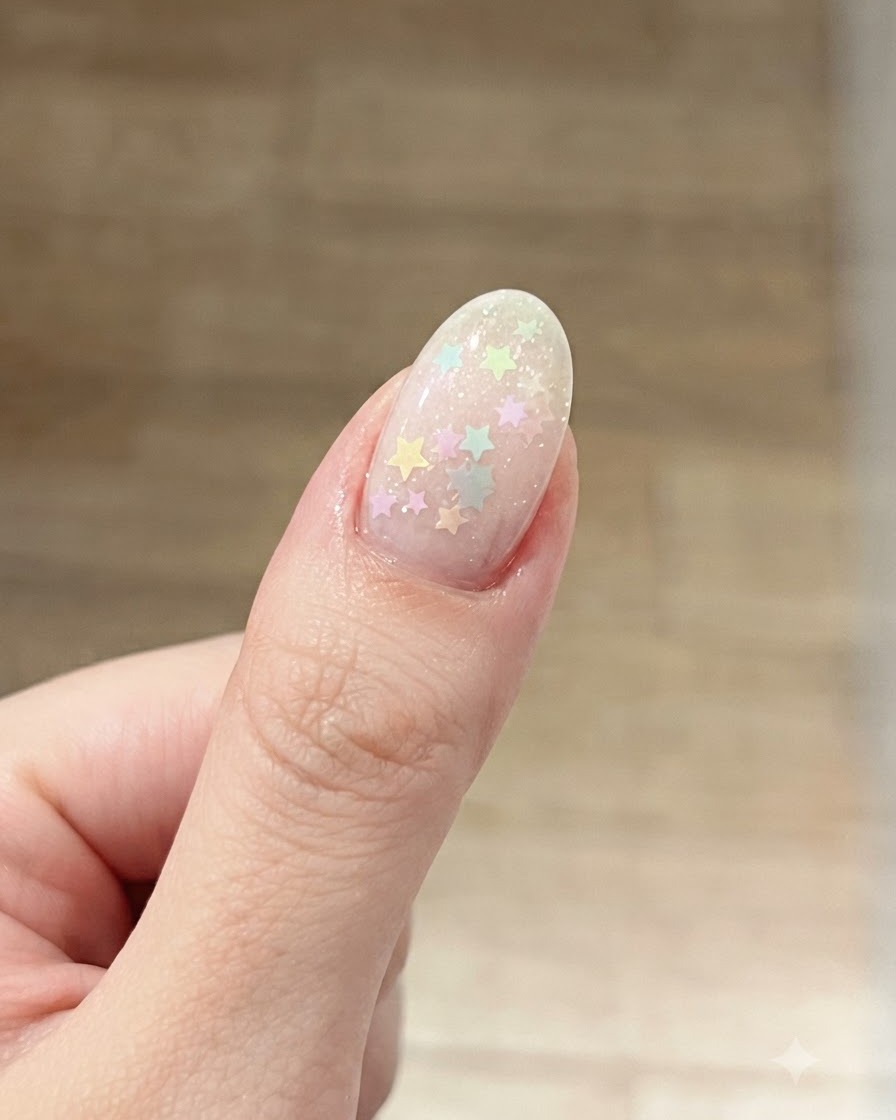 Un pincel aplicando una fina capa adicional de gel base transparente sobre el diseño de estrellas incrustadas.