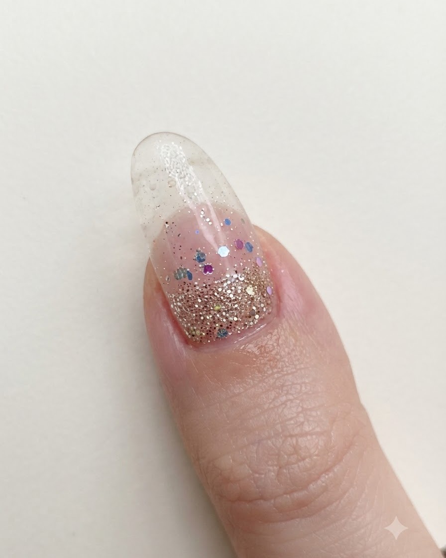 Un pincel de uñas extendiendo purpurina rosa fina reflectante sobre la sección superior de una uña con un degradado de purpurina existente.