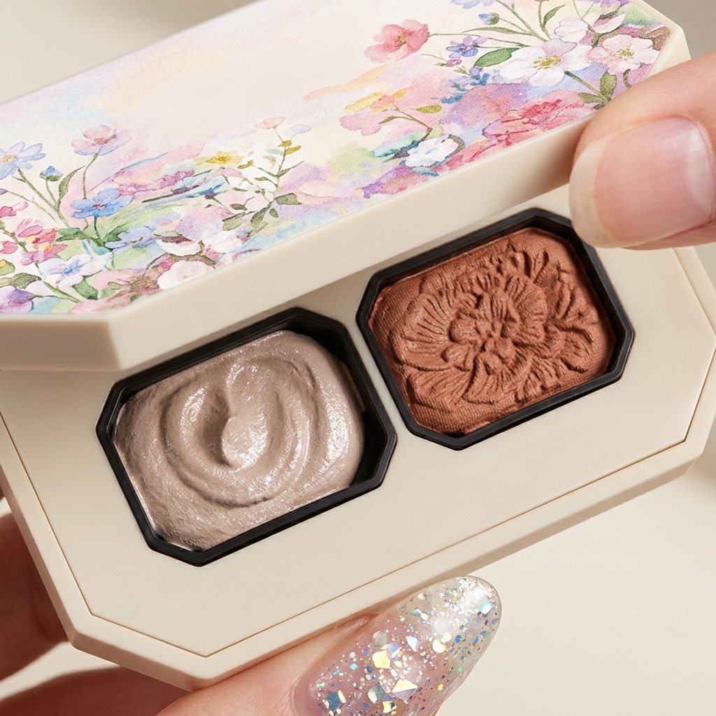 Una mano abriendo una paleta con diseño floral que contiene esmalte de gel en crema sólido en tonos neutros.