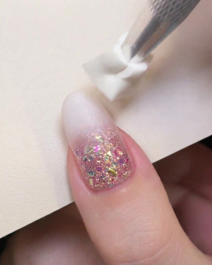 Una herramienta con punta de esponja aplicando golpecitos de esmalte de gel blanco lechoso en el borde superior de una uña decorada.