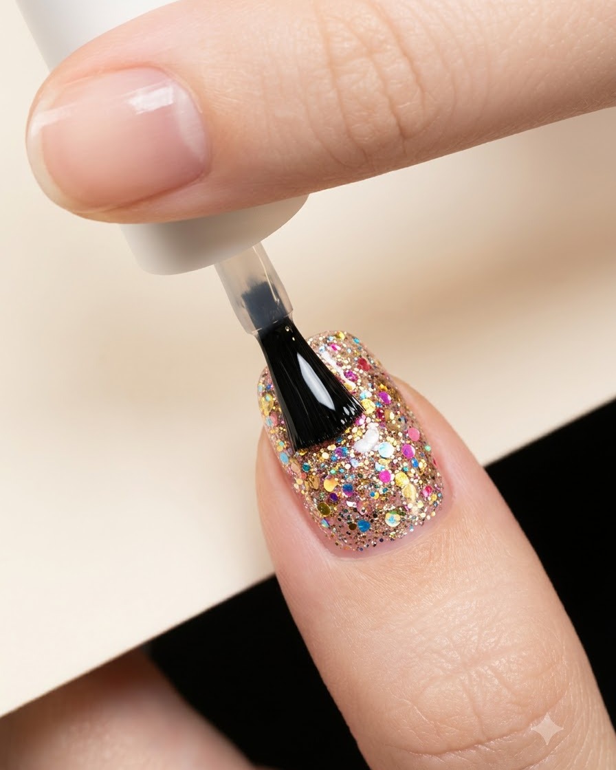 Un pincel aplicando una capa gruesa de brillo superior transparente sobre un diseño de uñas con estrellas brillantes.