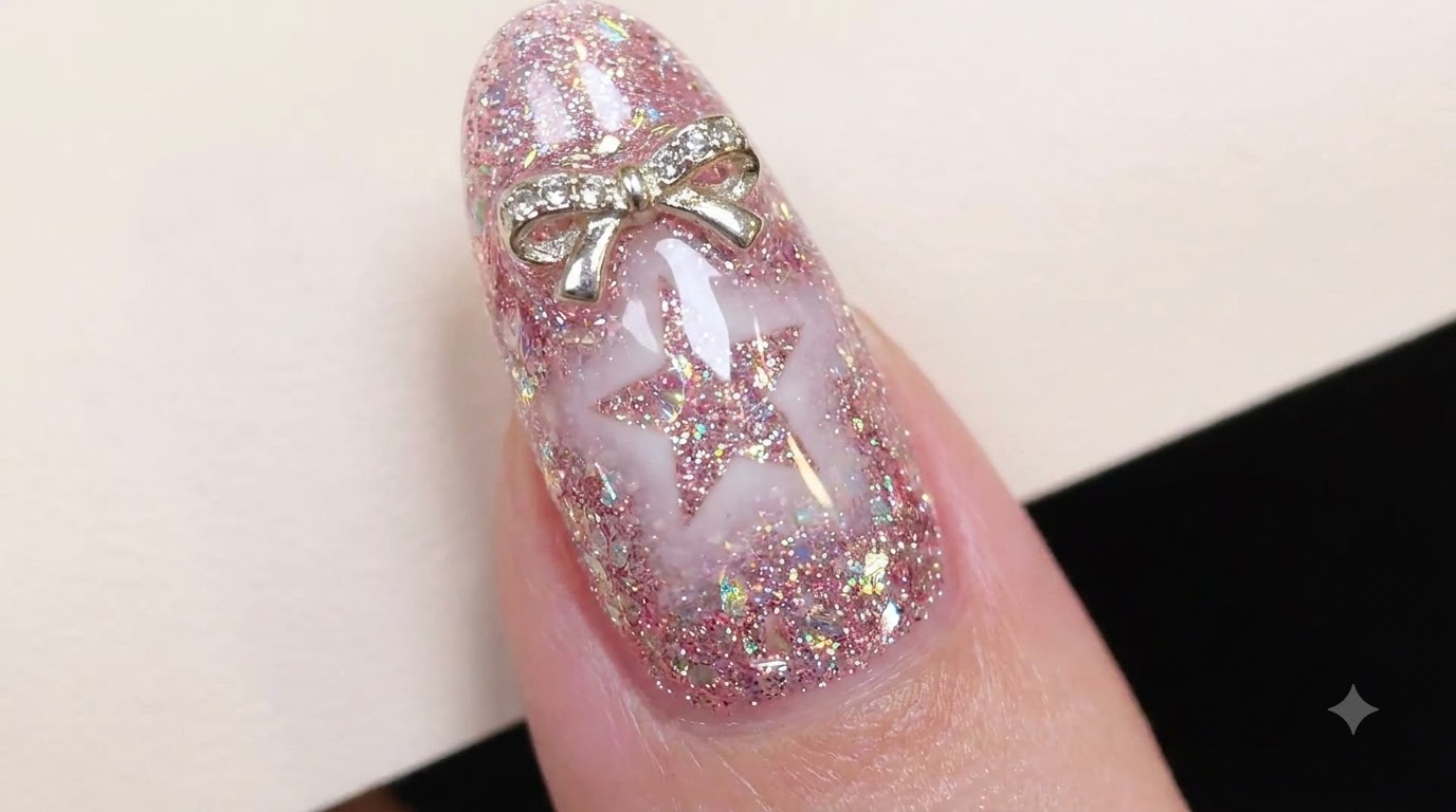 Uñas de Estrellas con Espacio Negativo y Purpurina Rosa — Tutorial Paso a Paso