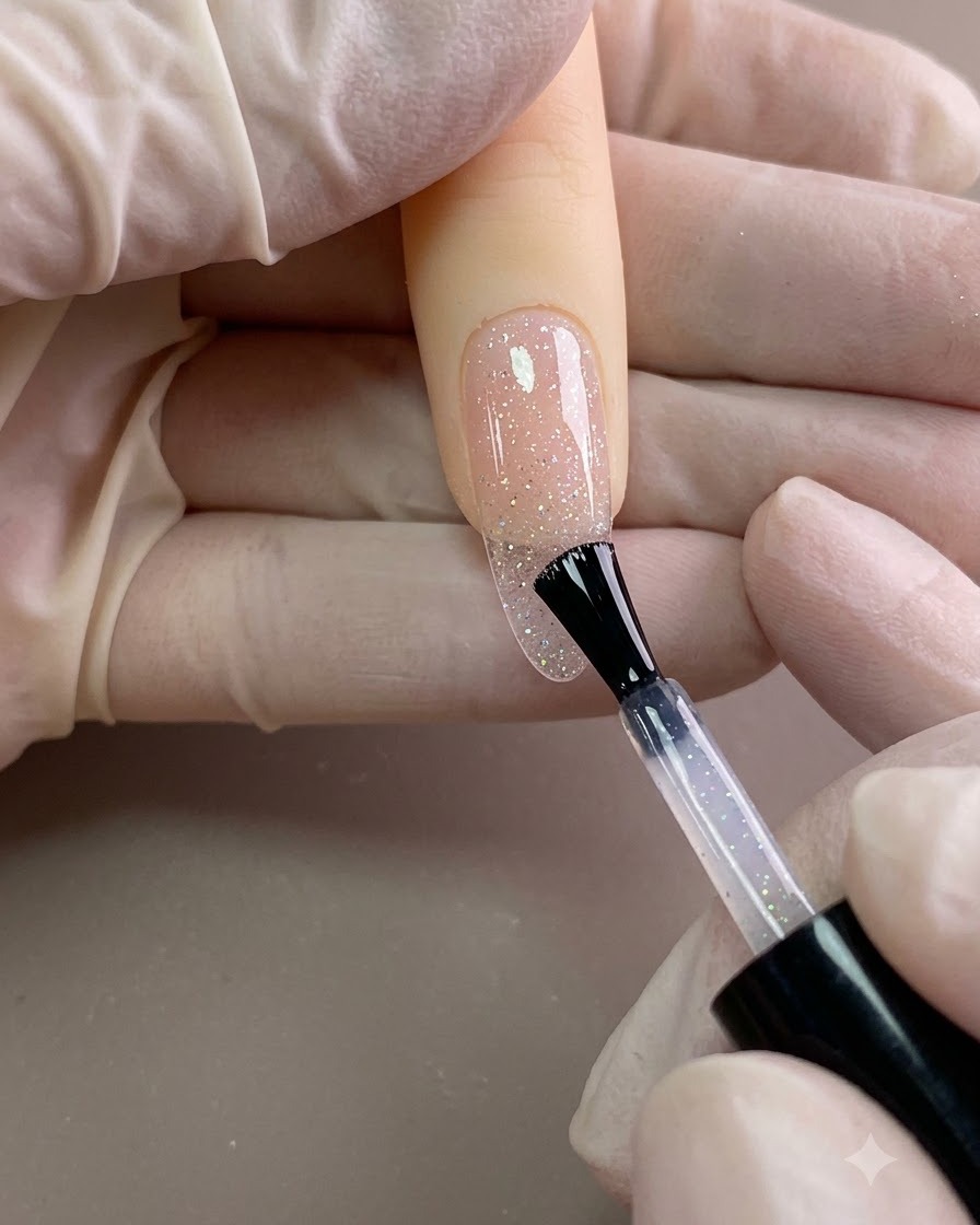 Un pincel extendiendo gel de construcción transparente sobre una uña postiza transparente.
