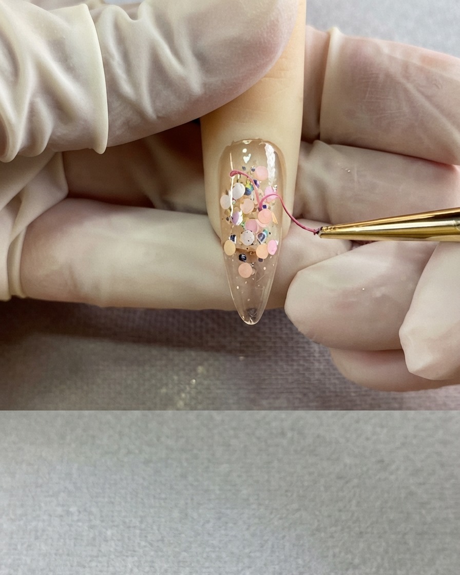 Un pincel liner fino completando la punta inferior de un corazón de color rosa.