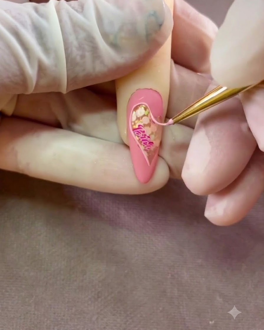 Un pincel fino finalizando la punta inferior del contorno de gel 3D transparente del corazón.