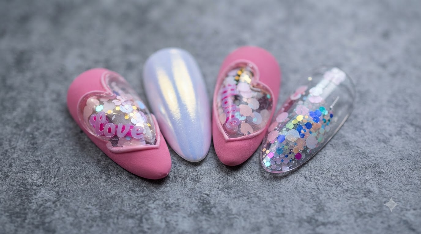 Uñas Rosa Mate con Espacio Negativo y Corazones con Lentejuelas Encapsuladas